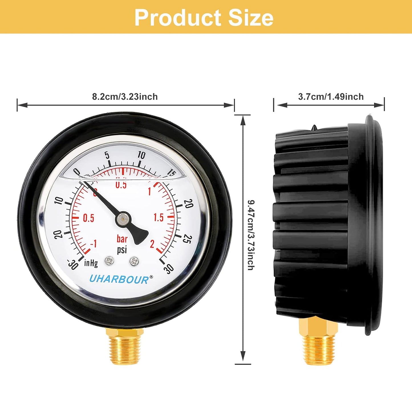 UHARBOUR Pressure Vacuum Gauge -30 inhg/30 PSI, 2-1/2" Dial Liquid