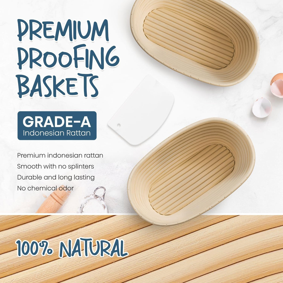 Sourdough Starter Kit with 2 Oval Banneton Bread Proofing Baskets | Complete Sourdough Bread Baking Supplies, Beginner Friendly, 2 PCS 10 in Oval Rattan Banneton, Sturdy Sour Dough Tools