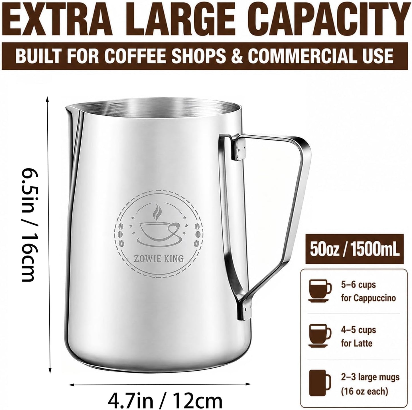 50oz Milk Frothing Pitcher, Commercial Stainless Steel Steamer for Cafes