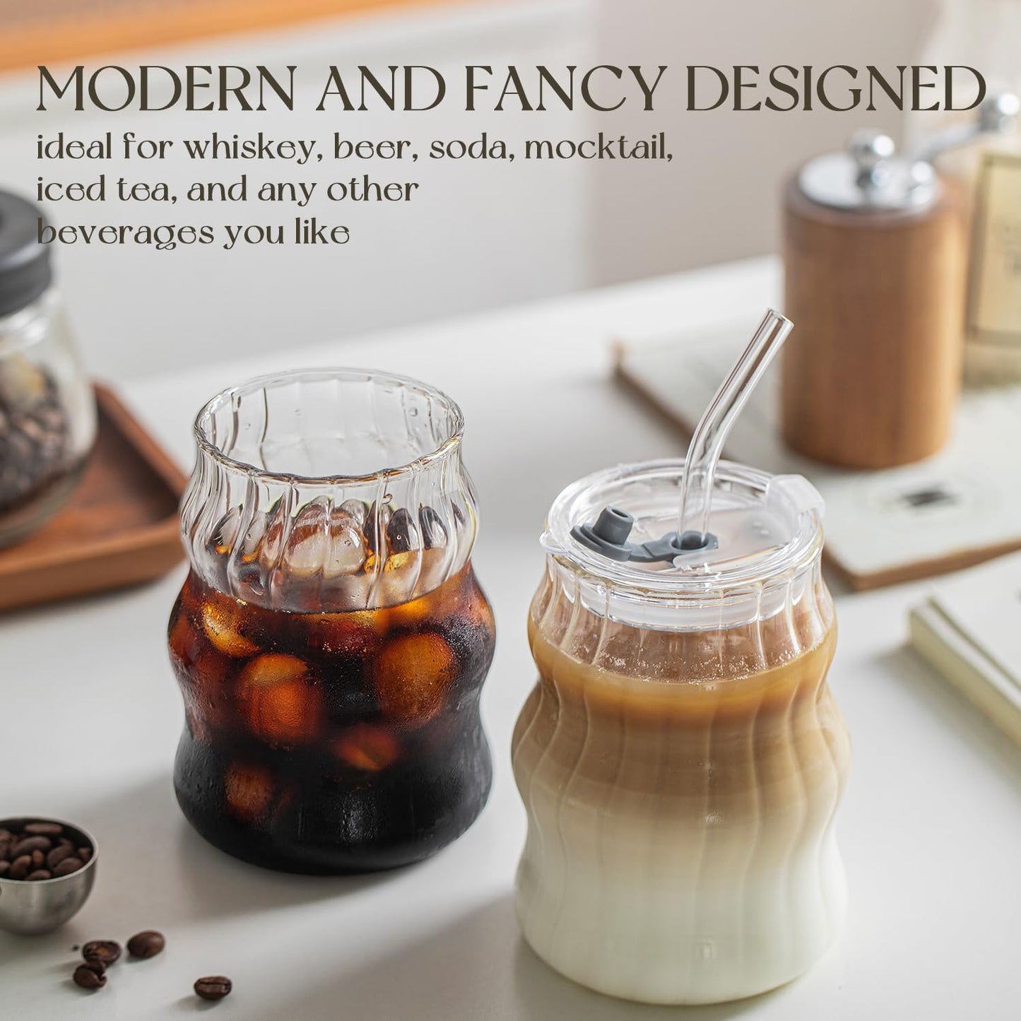 KEMORELA 4PCS Ribbed Glass Cups with Lids &amp; Straws – 18oz Vintage Wavy Coffee Cups, Bubble Glass Aesthetic for Iced Coffee, Clear Ribbed Glasses with Straws, Ideal Drinkware Set