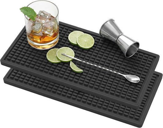 ZJWZLG Bar Mat 5.9"x11.8"(2Pcs) Non-Slip Rubber Bar Mat, Spill Proof &amp; Flat Design,Easy to Clean Textured Surface for Home Bar,Coffee Station, Bartending - Protects Countertops &amp; Glassware (Black).