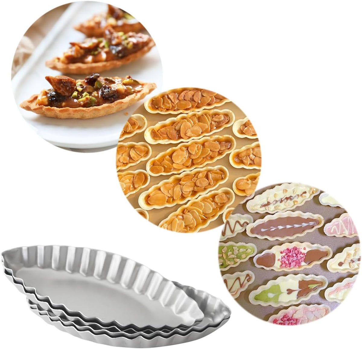 Aluminum Boat Tart Pan Fluted Oval Baking Mold, Small Wavy Tartlet | 10-Pack Flower Edge Tart Tins Pudding Tray for Small Desserts, Quiches, Pudding (4.69 x 2.24 x 0.67 Inch)