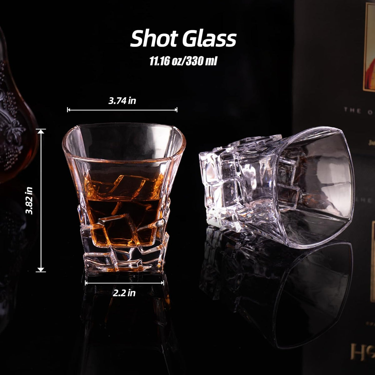 KAMMAK 330ml Ice Cube Whiskey Glass, Square - Shaped Crystal Clear Heavy - Base Tumbler for Bourbon, Scotch, Cocktails - Ideal for Home Bars and Gifting