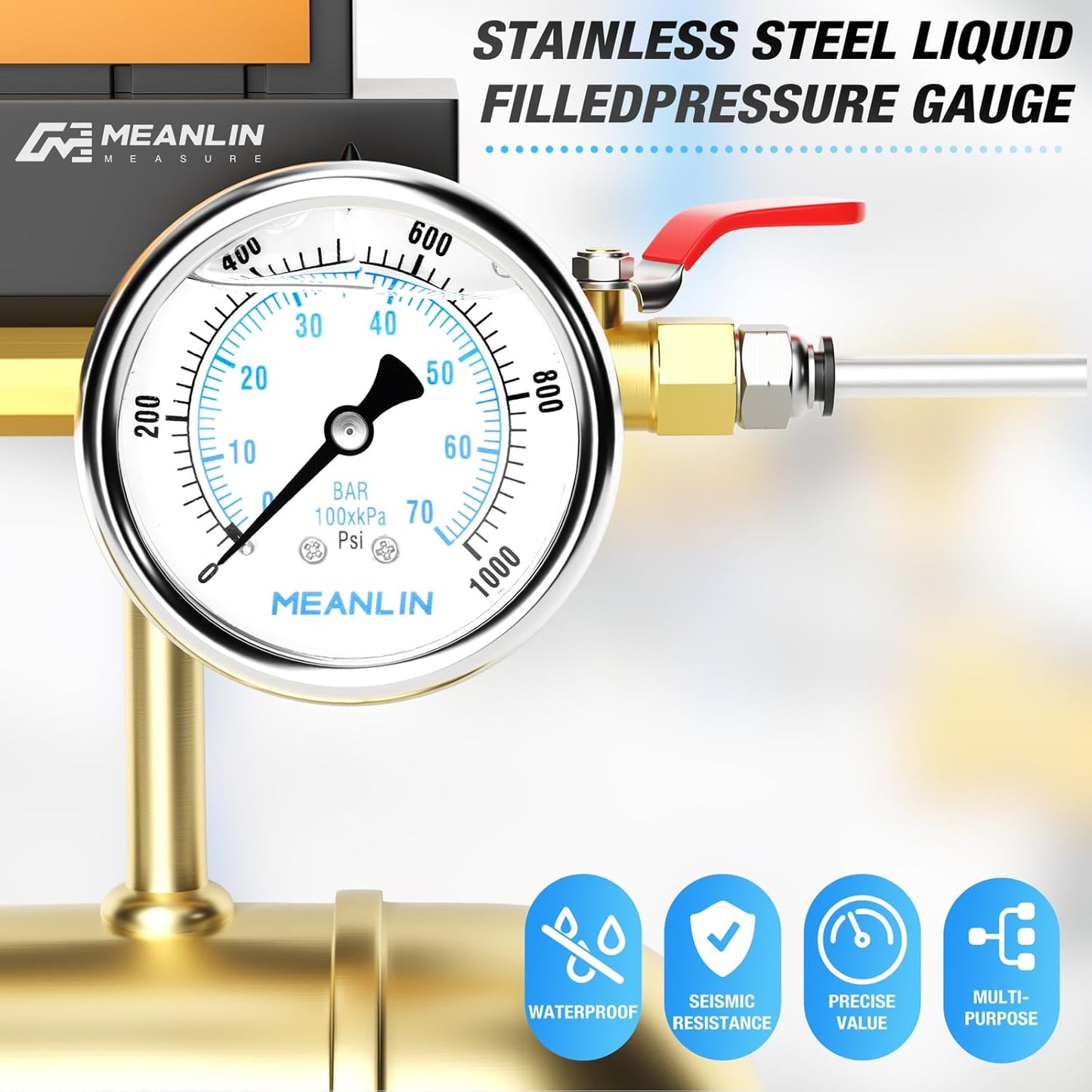 MEANLIN MEASURE 0~1000Psi Liquid Filled Pressure Gauge Stainless Steel with 316 Stainless Steel Joint 1/4" NPT 2.5" FACE DIAL for WOG Water Oil Air Center Back Mount