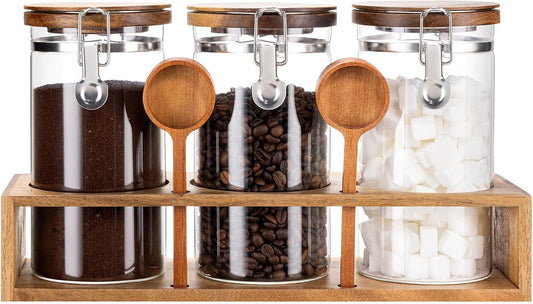 Yangbaga Glass Sugar Coffee Canister with Shelf, 3 x 45OZ Coffee Bean Containers Storage Station Organizer with Airtight