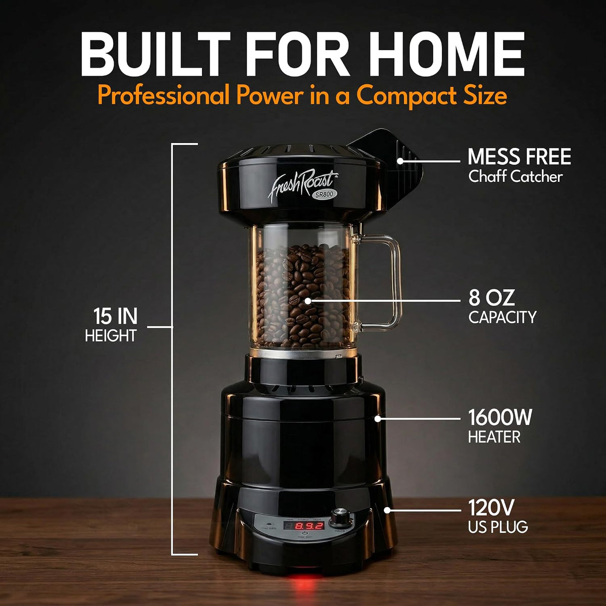 Fresh Roast SR800 Coffee Roaster – Roast Coffee at Home – Variable Heat and Fan Control – Digital Display – Roasts 6–8 oz (170–226g) Per Batch – Easy to Use – Fast Roast Time