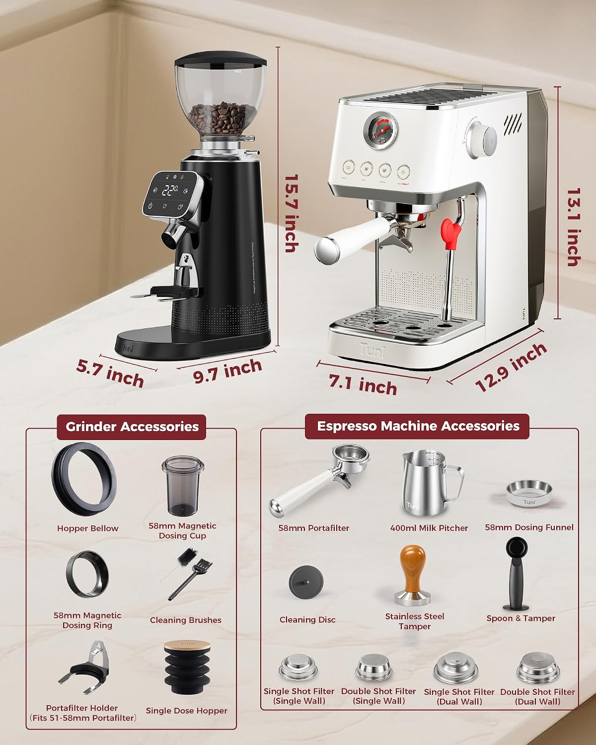 Tuni E2 Gen3 Espresso Machine with G3 64mm Flat Burr Coffee Grinder, Black | Dual Boiler, 20Bar ULKA Pump, Super+ Steam Power, PID NTC Temp Control, 100 Grind Settings, Anti-Static Tech, Single Dose
