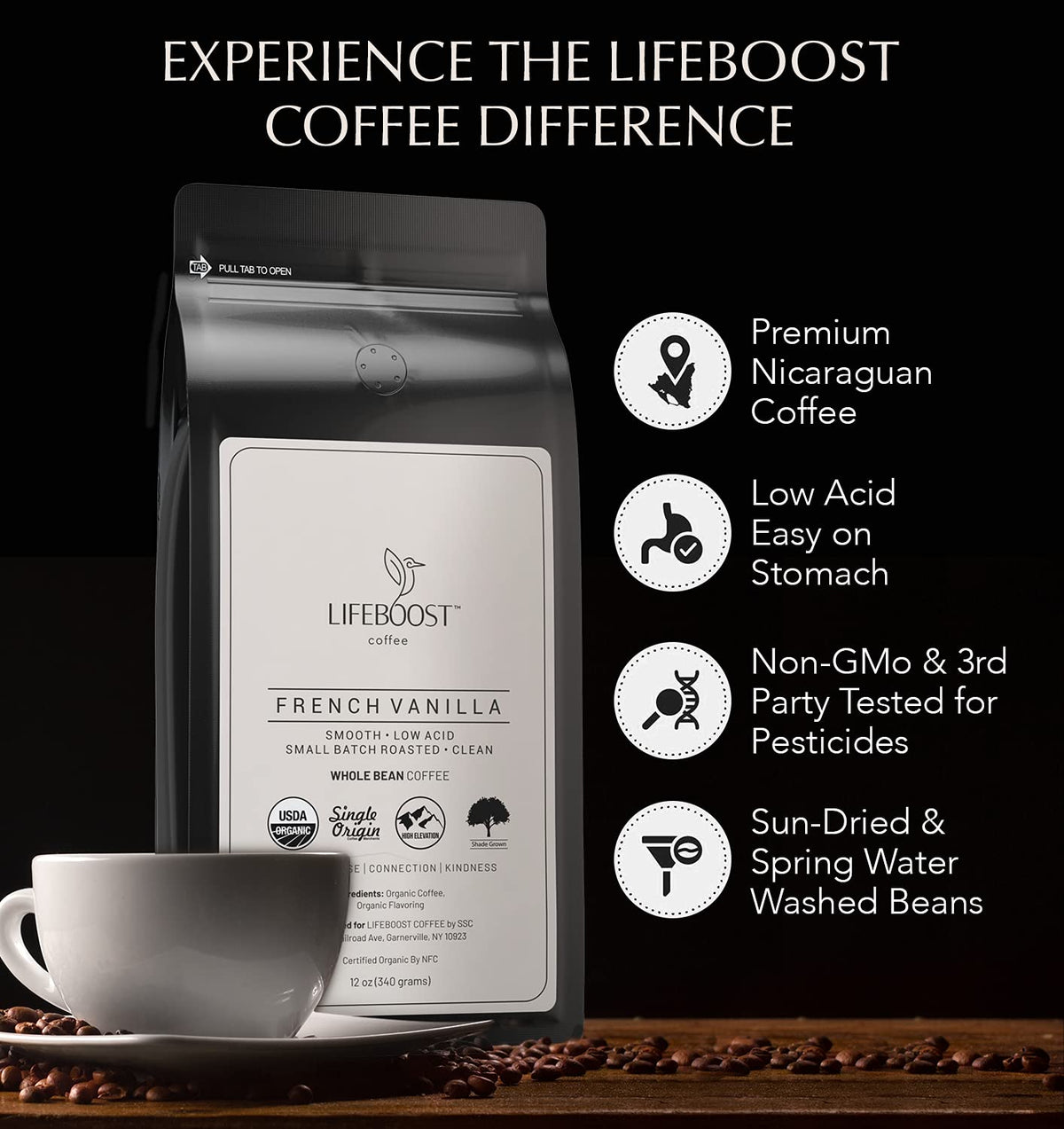 Lifeboost Whole Bean French Vanilla Coffee - Low Acid Single Origin Non-GMO Organic Coffee - Third Party Tested For Mycotoxins &amp; Pesticides - 12 Ounces