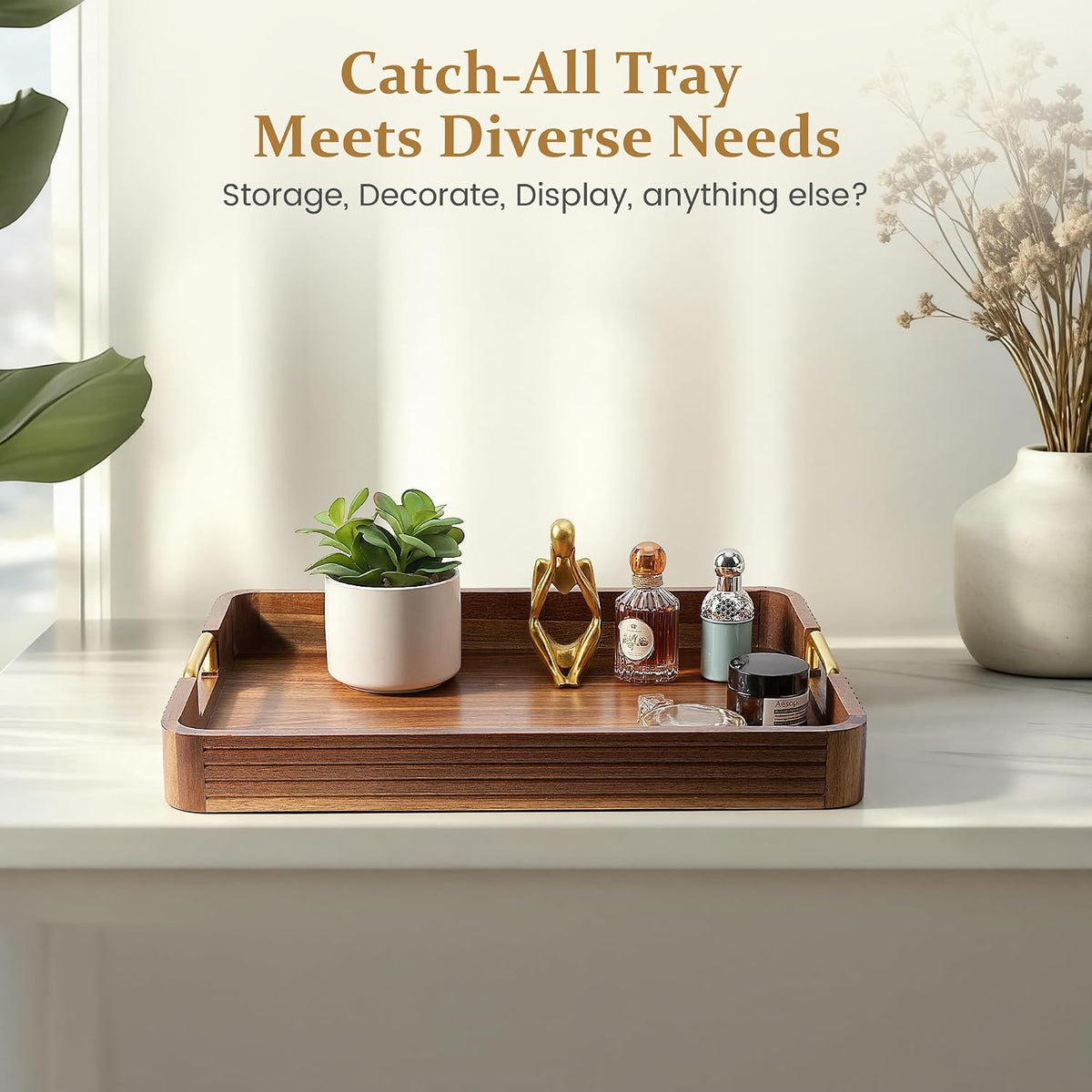 Acacia Wood Serving Tray with Gold Handles (Natural, 17" x 13" x 2") | Decorative coffee table tray for living room &amp; ottoman tray with anti-slip pads, bar tray, Breakfast in Bed and gift box.
