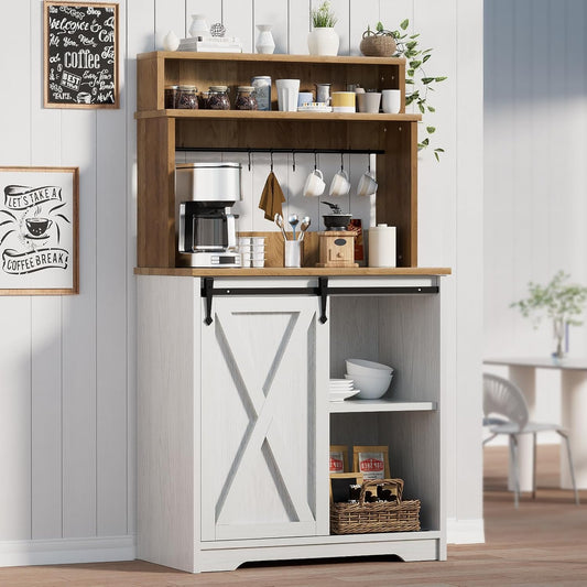 Farmhouse Coffee Station with 3 Tier Storage Hutch & 6 Hooks - 56 Inch Small Coffee Bar Table with Adjustable Shelves for