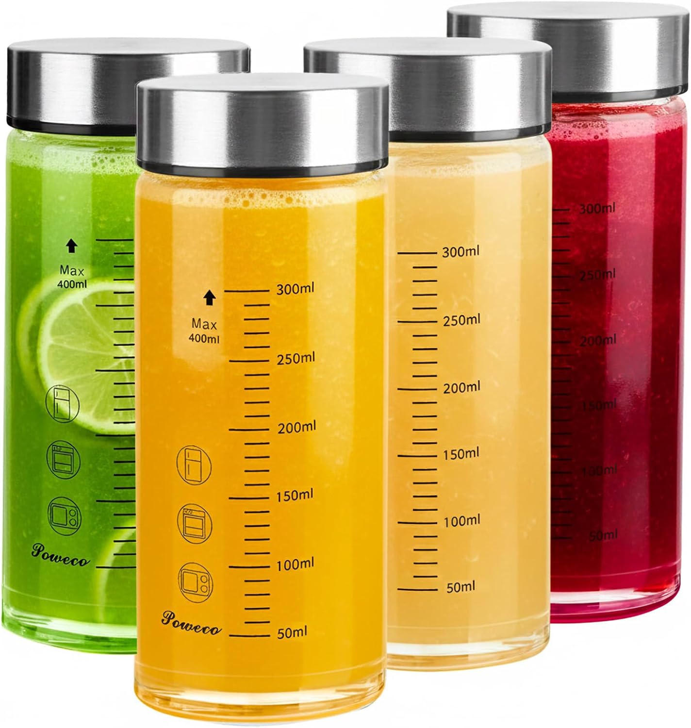Glass Juice Bottles 4 Pack 12 oz - Wide Mouth Glass Water Bottles with Lids - for Juicing, Protein, Smoothie, Milk, Reusable, BPA Free, Stainless Steel Lids, Blender, Shaker Bottle (12oz/400ml)
