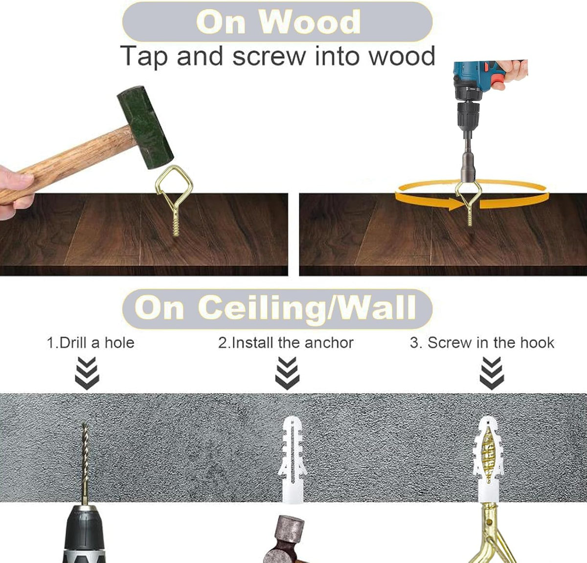 20PCS Eye Screw Hooks for Hanging Heavy Duty with Safety Buckle.Metal Ceiling Hooks for Hanging Plants,Cup,Wind Chime,Bird Feeders,String Lights at Indoor&amp;Outdoor,2.36 Inch (No Drill Bit)