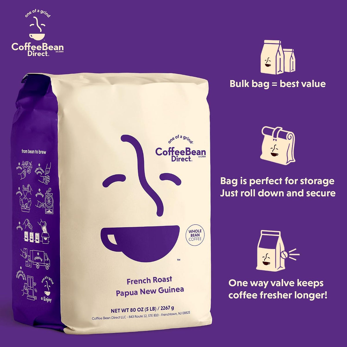 Coffee Bean Direct French Roast Papua New Guinea, Whole Bean, 5lb Bag | Dark Roast, Single Origin Arabica Coffee Beans