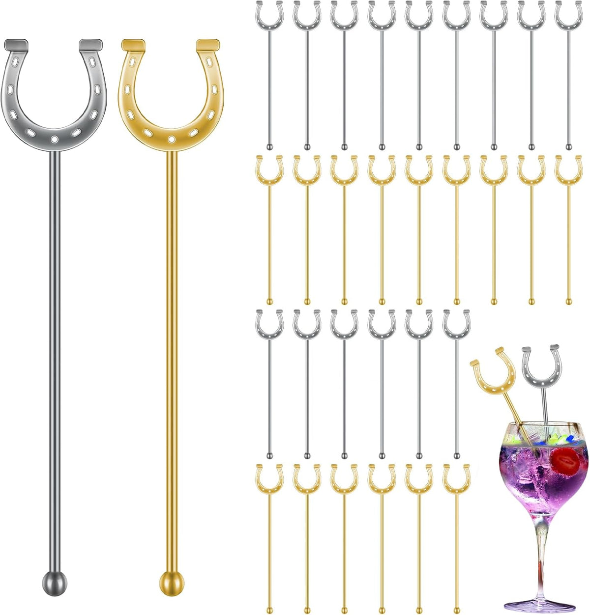6 Inch Derby Drink Plastic Stirrers Swizzle Sticks for Cocktails Coffee Reusable U Shaped Horseshoe Drink Stirrers for Coffee Beverage Party Bar Weddings Events(Gold,silver,30 Pcs)