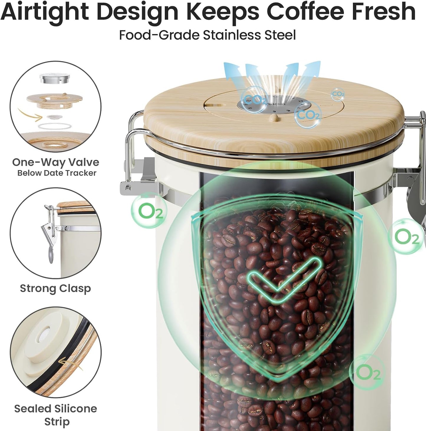 Veken Coffee Canister with Window, Airtight Stainless Steel Container, 22OZ | Gifts For Women, Kitchen Food Storage for Beans,Ground,Espresso,Rice,Tea,Sugar,Cereal,Bar Accessories,Lids,Jars, Scoop, Cream