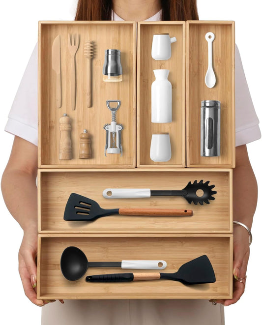 Stack Bamboo Drawer Organizer Set of 5, Kitchen Utensil, Flatware&Silverware Organizer-Wood Laminated Stackable for Kitchen,