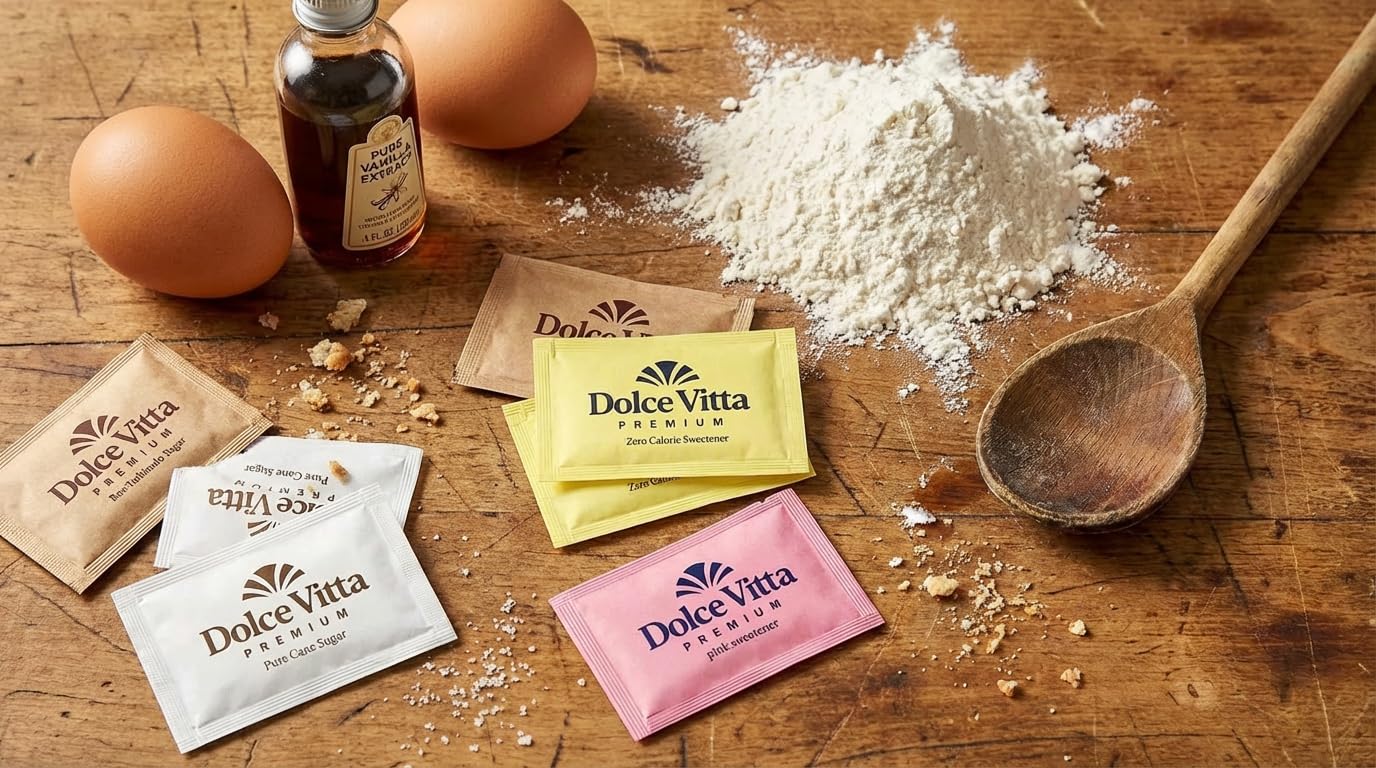 Dolce Vitta Sugar Packets &amp; Sweetener Variety Pack, 300 Count | Individual sugar &amp; sweetener packets in 5 types: Stevia, Sucralose, Saccharin, pure cane &amp; turbinado sugar for coffee or tea