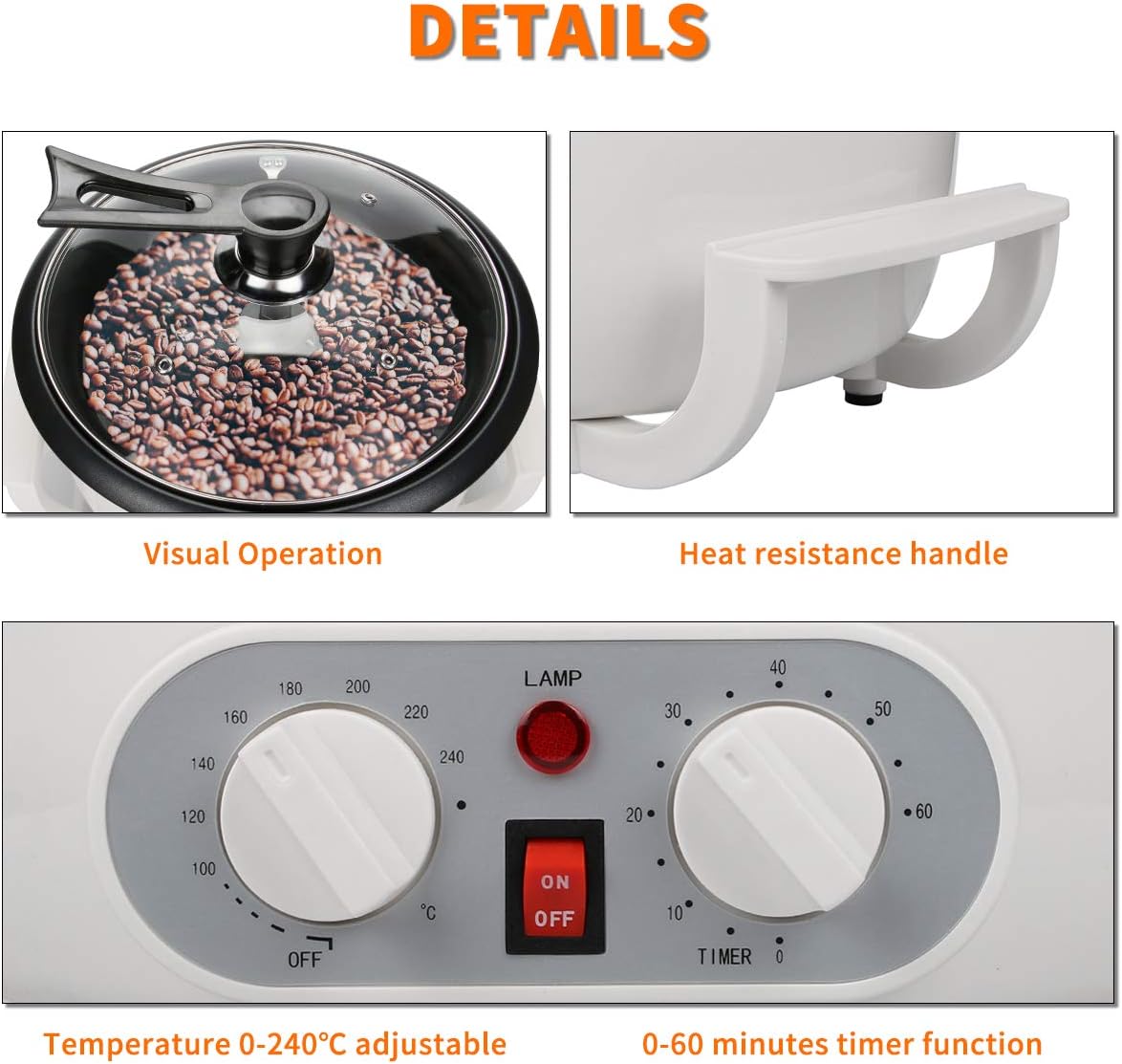 ANGELLOONG Coffee Roaster Machine, 110V 1200W Coffee Bean Roaster | 750g Home Roasting, 1200W Heating, 212-464 F Temp Control, 0-60 Min Timer, Stirring, Glass Lid