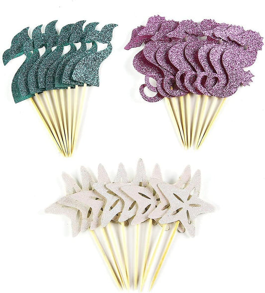 Partico 24 Pieces Mermaid Theme Glitter Cupcake Topper Cake Picks Decoration for Baby Shower Birthday Party Favors, Mermaid