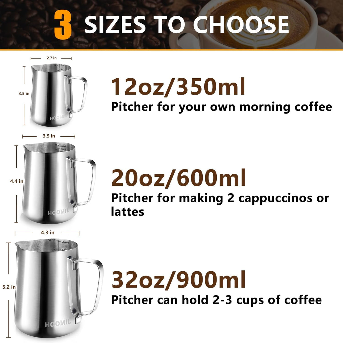 HOOMIL Milk Frothing Pitcher, 20oz, 304 Stainless Steel - Silver