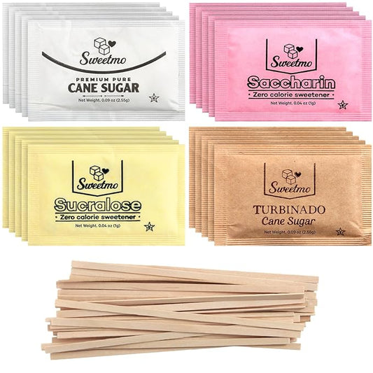 Sweetmo Sugar Packets Variety Pack - Sucralose, Raw Sugar, Saccharin, Cane Sugar with Wooden Stirrers - 400 Count for