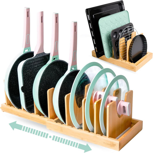 Pots and Pans Organizer under Cabinet, Bamboo Expandable Bakeware and Cutting Board Organizers, Adjustable Pot Lids Holder