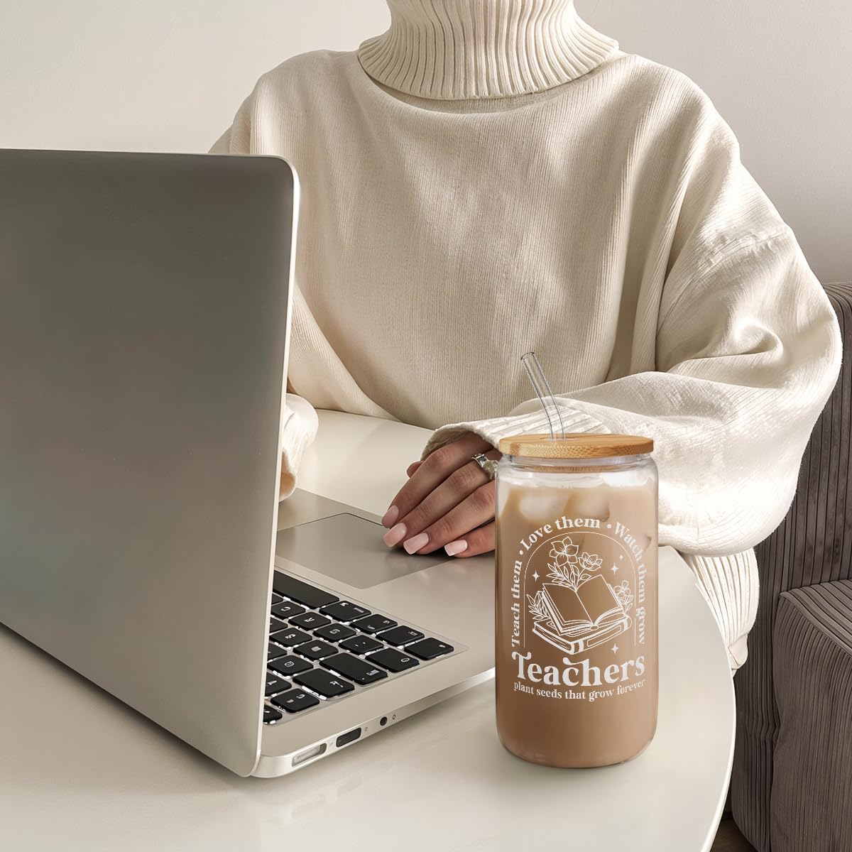 SANDJEST Teacher Glass Can, Teachers Plant Seeds That Grow Forever Cup with Lid &amp; Straw, Coffee Aesthetic Cups, Gift for Christmas Teacher Appreciation, Gifts for Women, 16oz