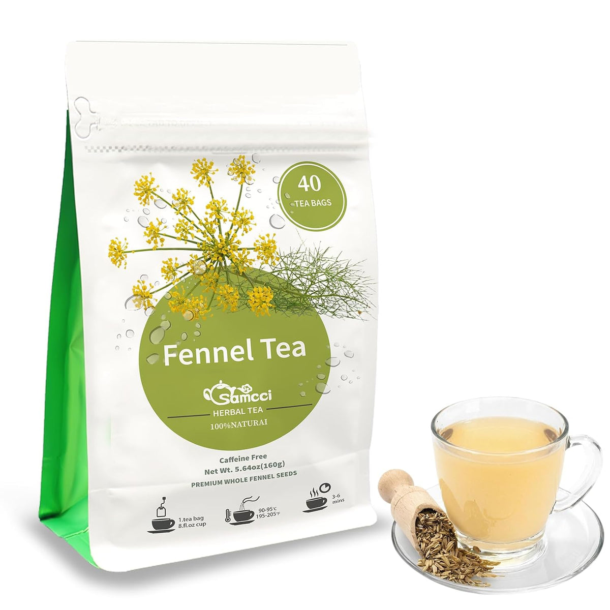 Samcci Fennel Tea Bags, 40 Count (4g/bag), Whole Fennel Seeds | Warm Aromatic Seed Infusion, Supports Digestion &amp; Immune System, Pure Herbal Tea, Non-GMO, Caffeine-Free, No Additives