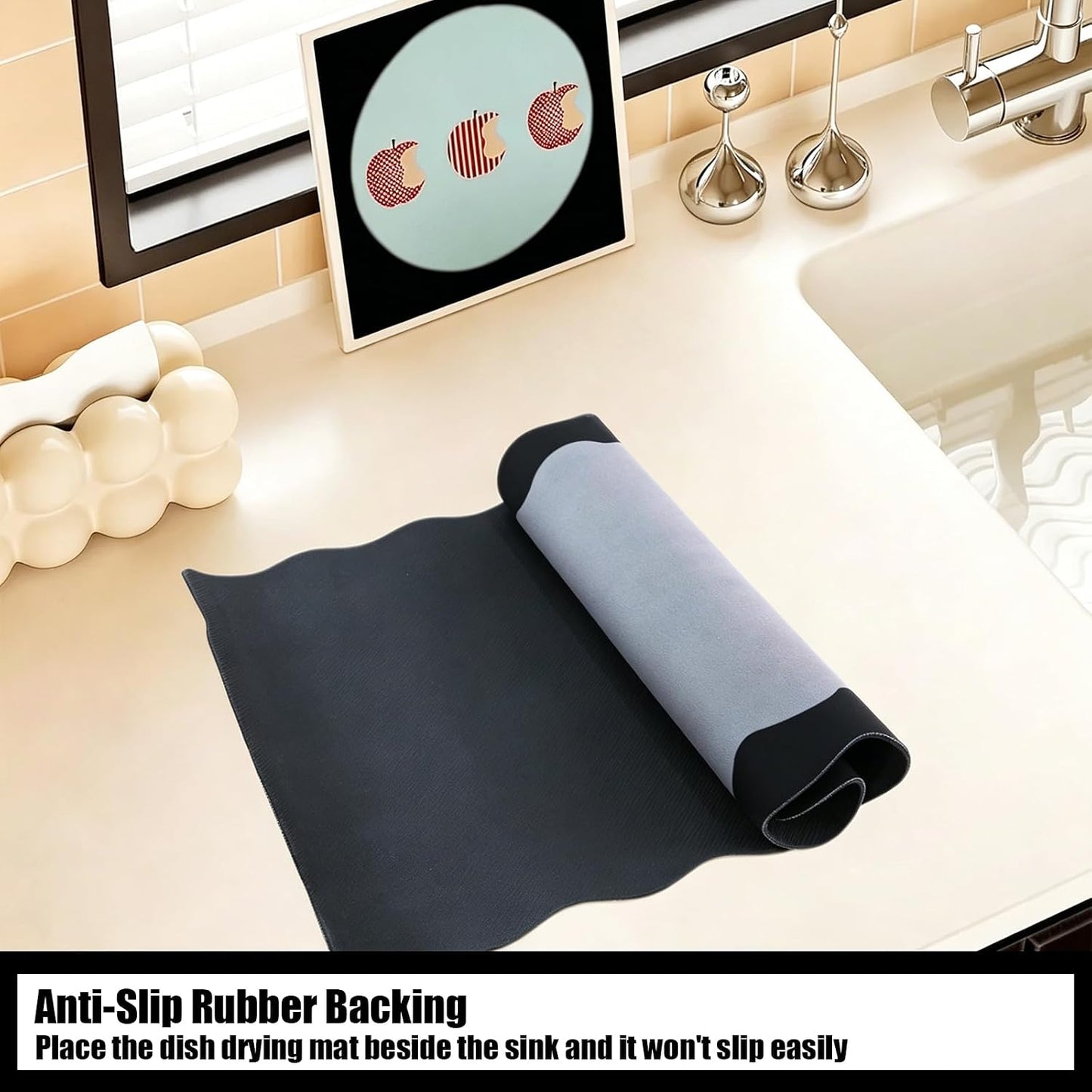 Black Scalloped Coffee Mat for Countertop Coffee Bar Mat Matt | Diatomite Absorbent Non-Slip Rubber Backing Coffee Staion Mats for Kitchen Counter, Kitchen Aesthetic Decor (12"x19", Black)