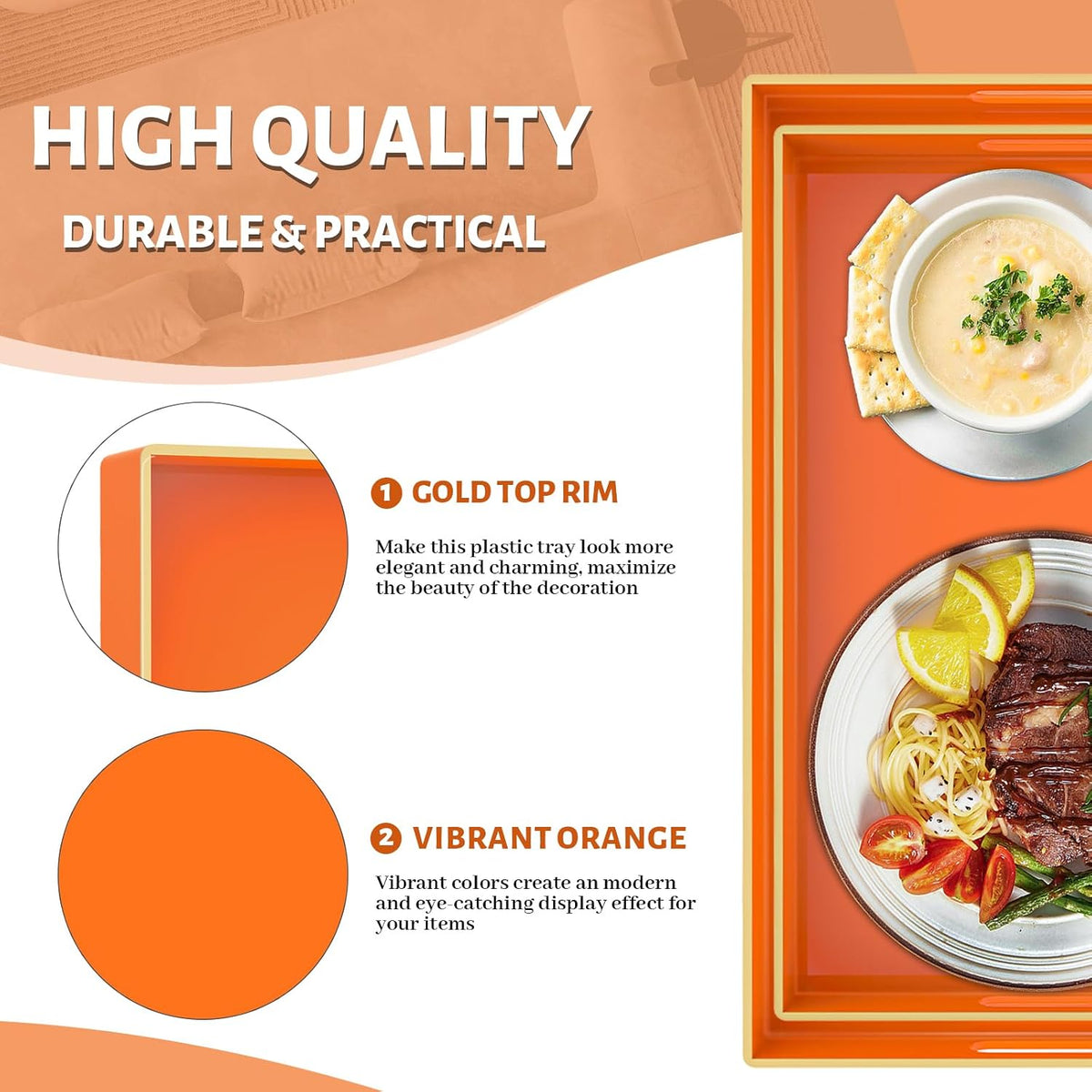 MAONAME Orange Serving Tray with Handles, Plastic Decorative Tray Set of 2 | Decorative Tray for Coffee Table, Modern Ottoman Tray, Rectangle Melamine Tray for Living Room, 15.8"L x 10.2"W x 1.4"H