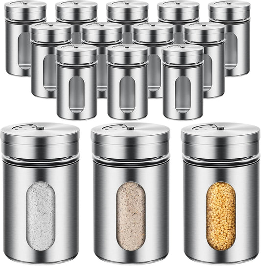 Dandat 12 Pcs Salt and Pepper Shakers Stainless Steel Spice Shakers with Adjustable Pour Holes and Glass Window 3.4oz Salt