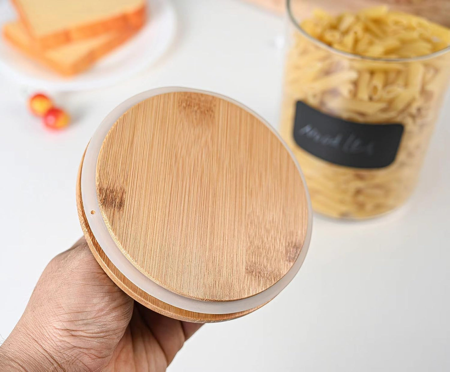 Le'raze Set of 2 Glass Canisters for Kitchen Counter with Airtight Bamboo Lids + Marker &amp; Labels - 68oz. Large Cookie Jars Wooden Lid, Food Storage Containers Pantry, Flour, Sugar, Pasta, Candy.