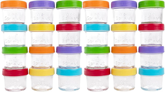 WeeSprout Baby Food Storage Glass Jars w/Lids (4 oz, 24 Pack) Bright Variety, Snack, Reusable Small Containers, Fridge or