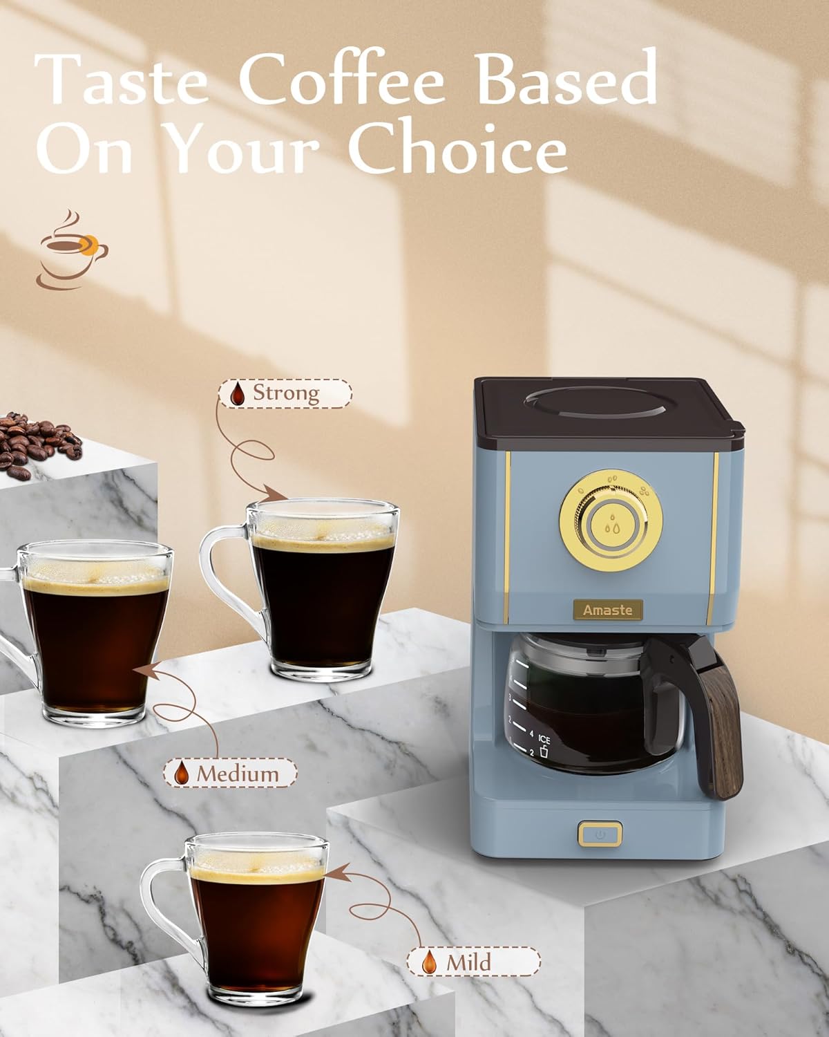 Amaste Coffee Maker, 5 Cup Coffee Pot with Three Brewing Modes, Retro Coffee Maker with Glass Carafe & Reusable Coffee Filter, Drip Coffee Maker Ideal for Home or Office, Keep Warm, Ash Blue