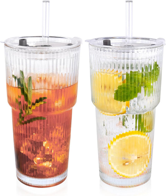 2PCS 20oz Glass Cups with Lids and Straws, Iced Coffee Cups with Lids, Stylish Ribbed Thick Drinking Glasses Tumbler for