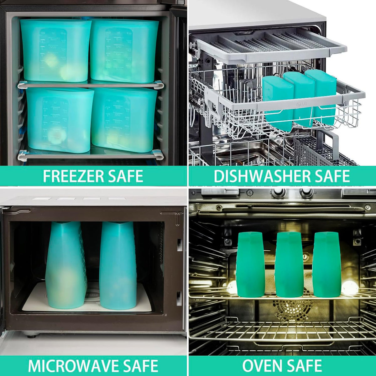Large Reusable Storage Bag, 4 Pack 100% Silicone Food Storage Bags Stand Up Silicone Zip Lock Bags for Food Container, Freezer Microwave Oven Dishwasher Safe, Aqua, 50.7oz/ 1500ml