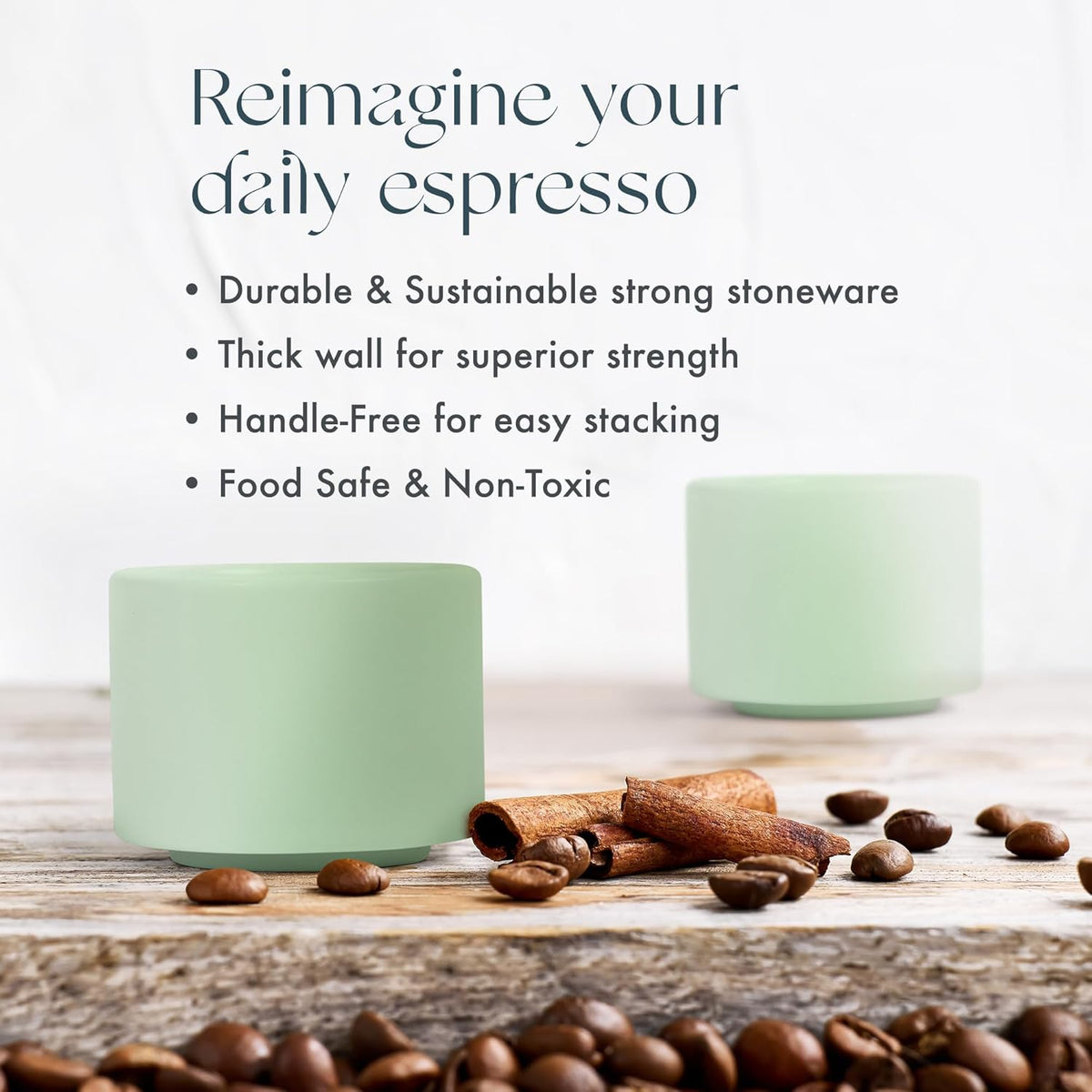 Folk Ceramics Leonard Ceramic Espresso Cups, Misty Green, 3oz, Set of 2 | Modern Stackable Demitasse Mugs, Double Walled, Handleless, Dishwasher &amp; Microwave Safe