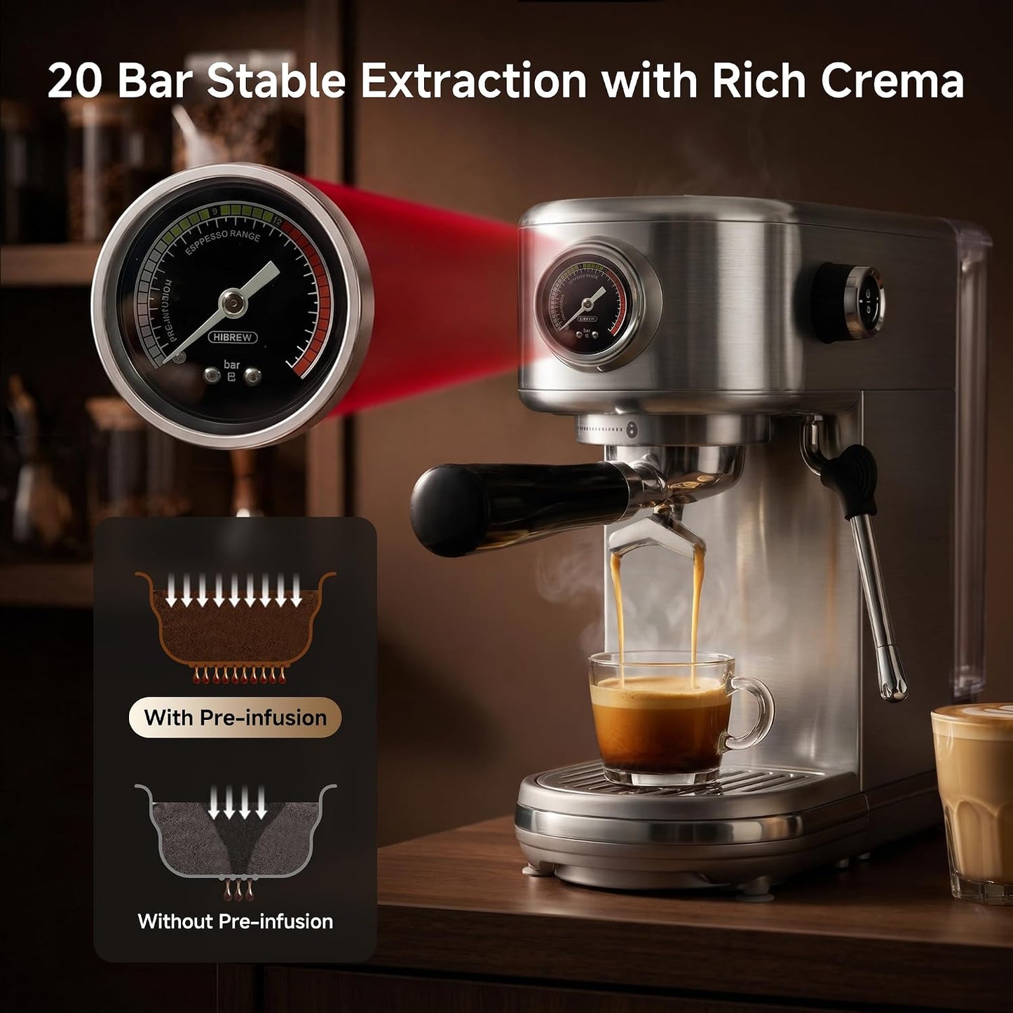 HIBREW H10B Programmable Espresso Machine with LED Display &amp; Pressure Gauge | 20 Bar Compact Stainless Steel Coffee Maker with Milk Frother, 51mm Portafilter for Cappuccino Latte