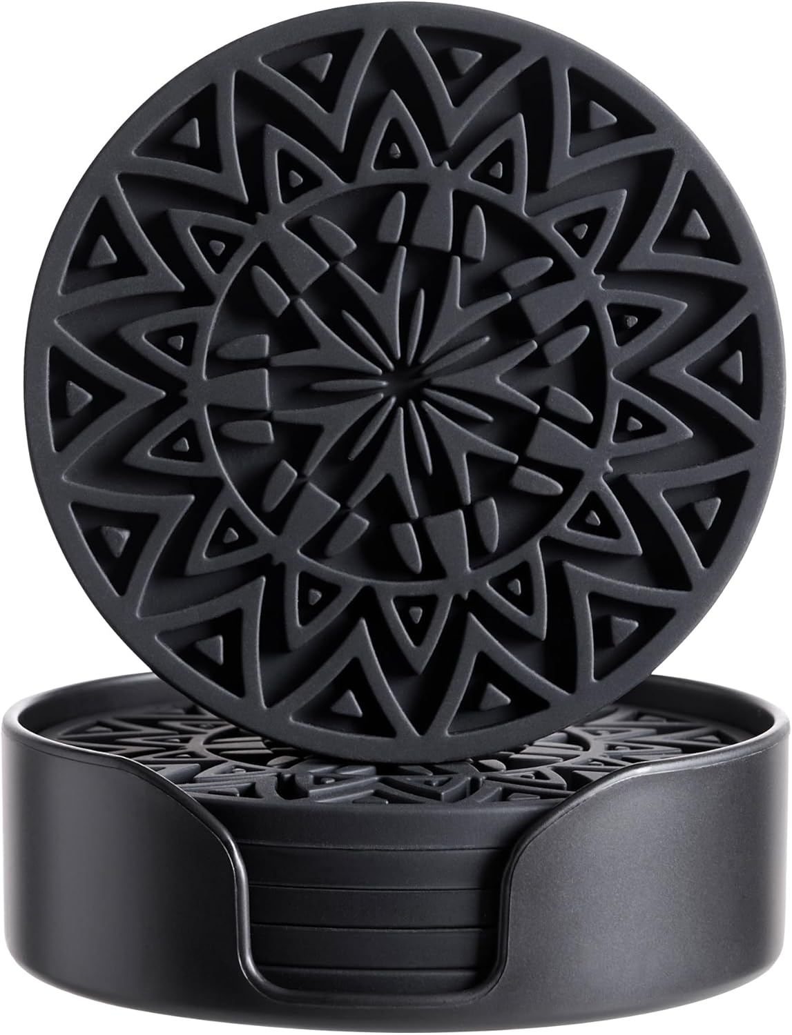 Set of 6 Black Silicone Coasters with Holder, Drink Coasters with Tribal Pattern Shape- for Table Pr