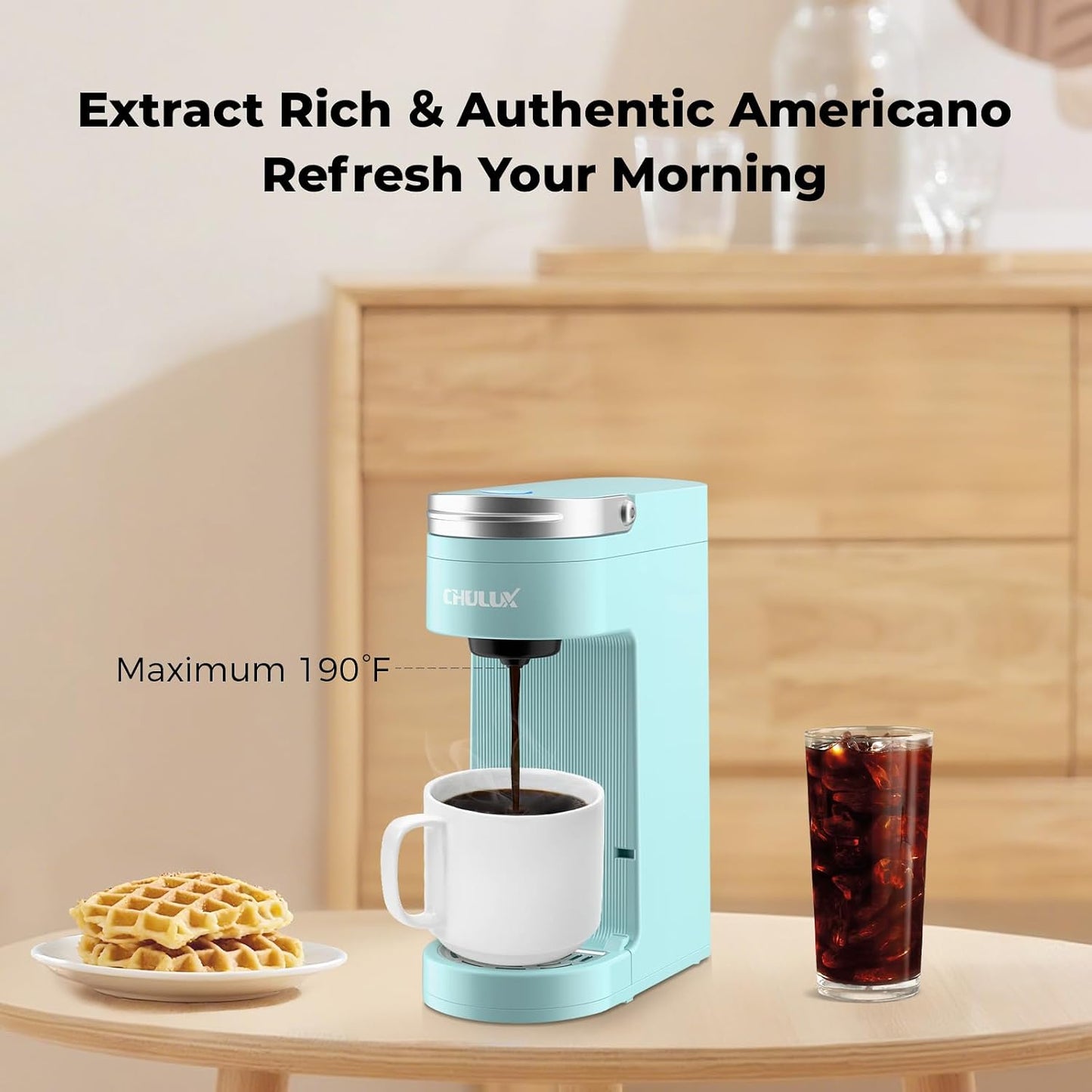 CHULUX Slim Single Serve Coffee Maker, Lightweight Pod Coffee Machine, Cyan | Fast-Heating Boiler System, 4-Hole Needle for Richer Flavor, Adjustable Drip Tray for 7.3" Travel Mug, Food Grade Material