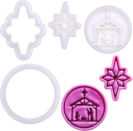 BAKERLOGY Holy Night – Mini Nativity Scene & Star of Bethlehem Cookie Cutter and Stamp Set (2") – Traditional Christmas