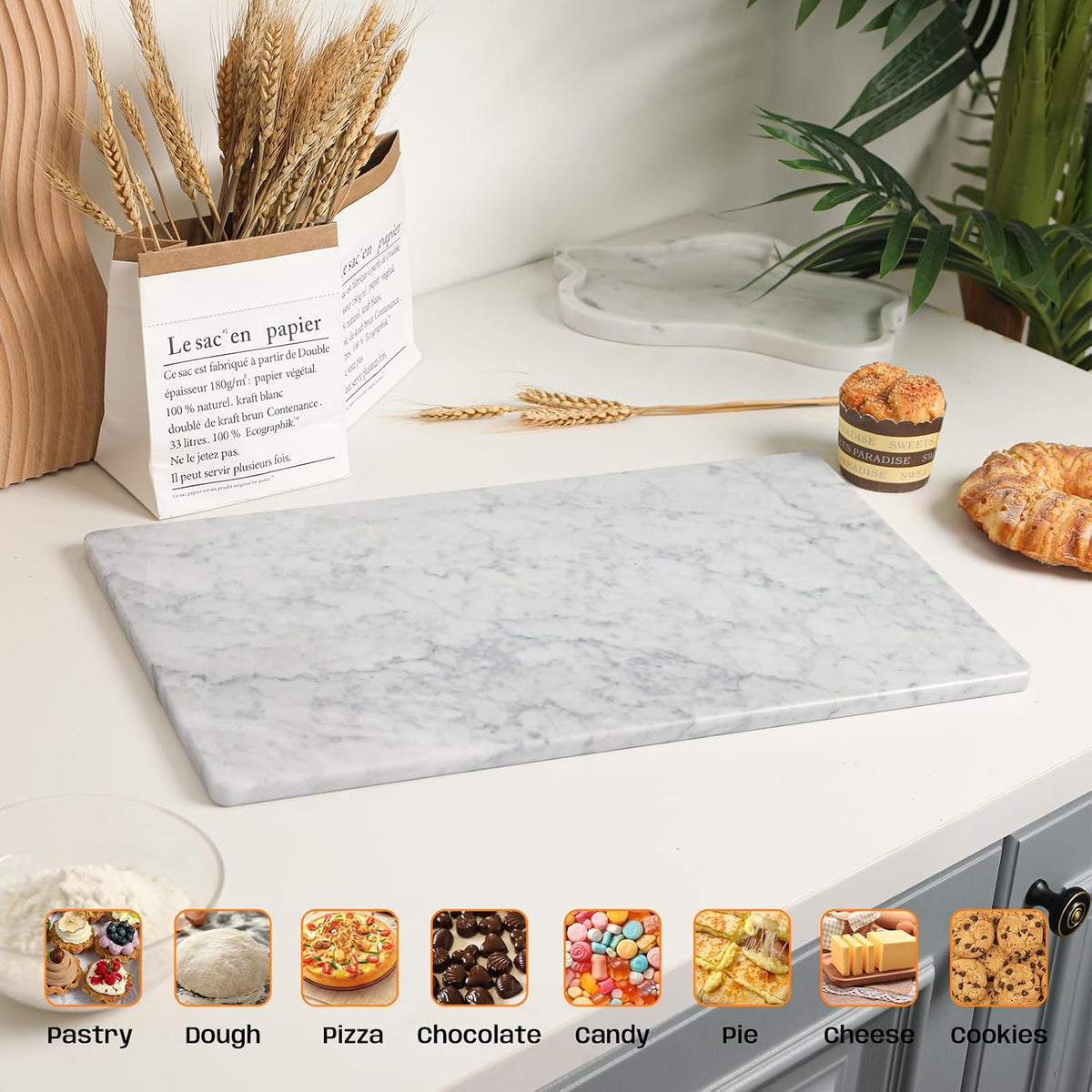 Carrara White Marble Cutting Board, 12×20 Inch Marble Pastry Board | ﻿Natural Marble Slab, Non-slip Feet, Stay Cool for Dough/Butter, Ideal for Pastry, Cheese, Charcuterie, Pizza, Bread