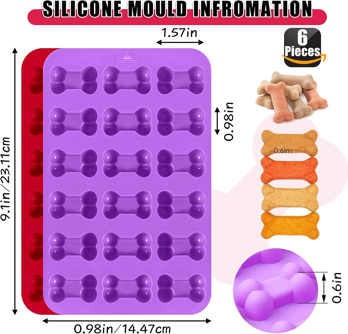 Puppy Dog Paw and Bone Silicone Molds for Baking, Non-Stick, Food Grade Silicone, For Chocolate, Candy, Jelly, Ice Cube, Dog Treats Dog Treat Mold - 6 Pack