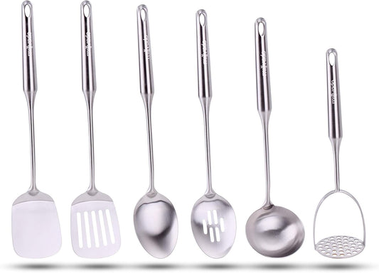Stainless Steel Kitchen Utensil Set, Cooking Utensils, Set of 6 Kitchen Tools, Solid Spoon, Slotted Spoon, Solid Turner,