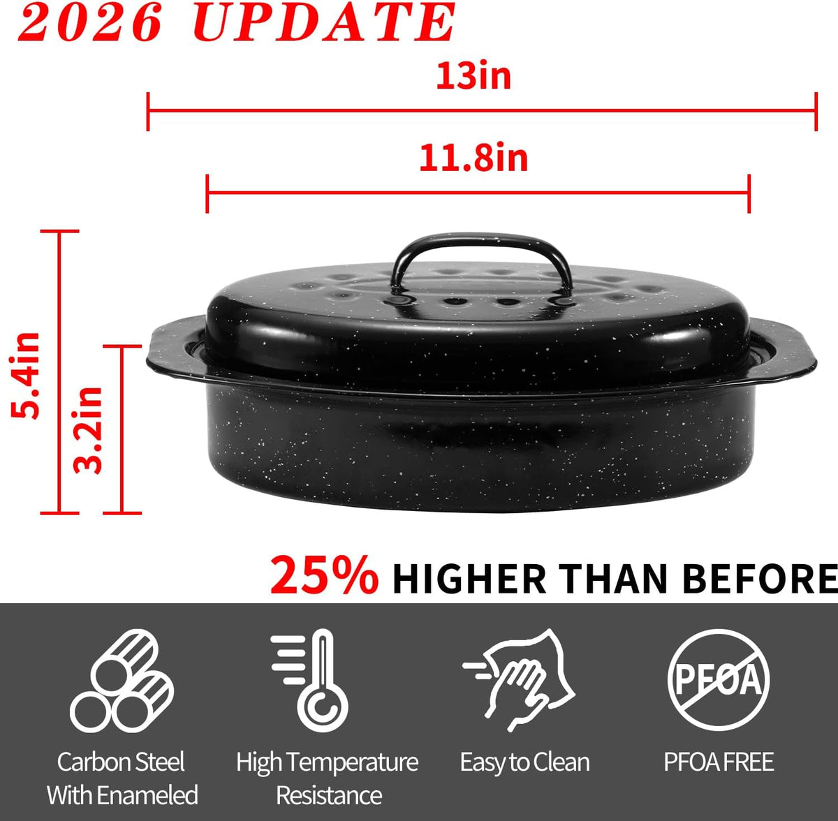 13” Enameled Oval Roasting Pan with Domed Lid - For 7lb Turkey, Chicken, Lamb, Vegetables