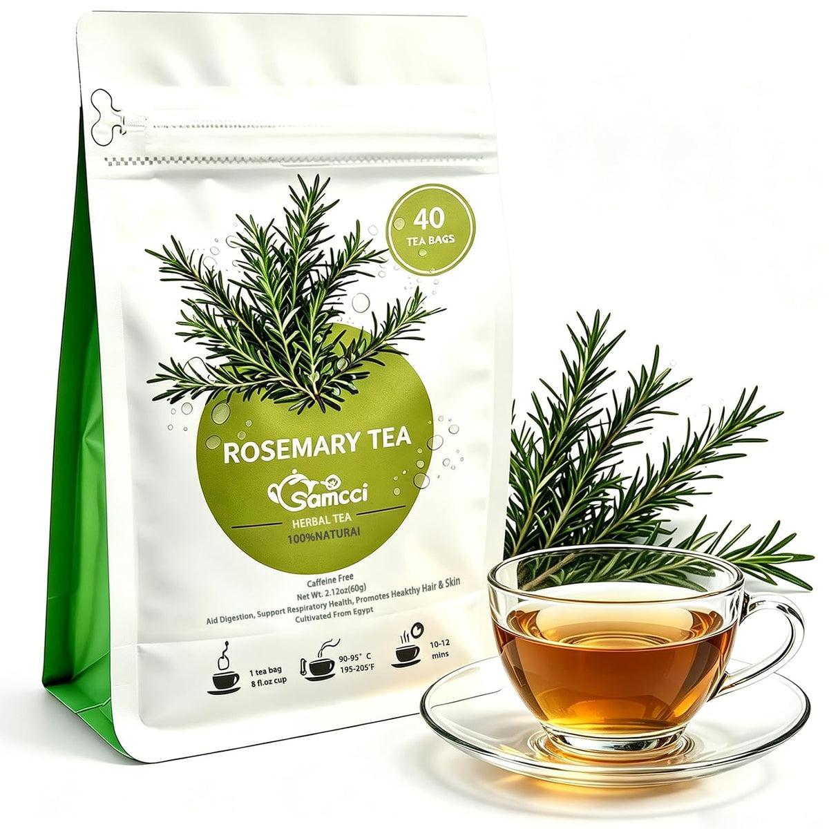 Samcci Rosemary Tea Bags, 40 Count, Pure Dried Rosemary Leaves Herbal Tea | Te De Romero,Distinct Flavor &amp; Support Digestion, No Additives, Non-GMO, Caffeine-Free, Resealable Pouch