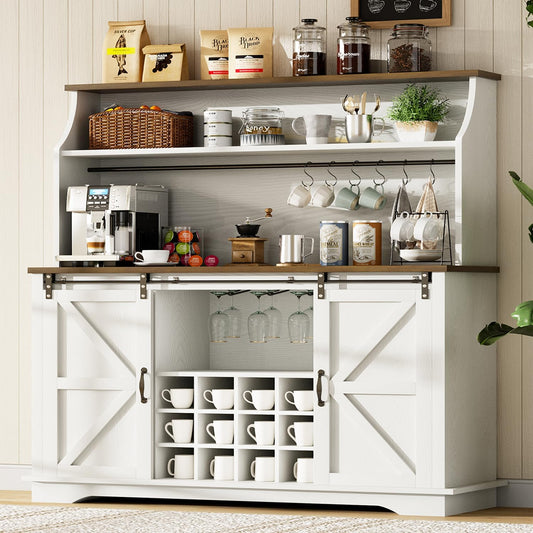 55 Inch Farmhouse Coffee Bar Cabinet with 3-Tier Enclosed Storage Cabinet, Kitchen Hutch with 12 Wine Racks & 3 Glass