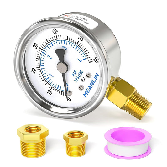 MEANLIN MEASURE 0~60Psi Dry Pressure Gauge Stainless Steel 1/4" NPT 2" FACE DIAL Waterproof for Pool Filter Pump Oil Air