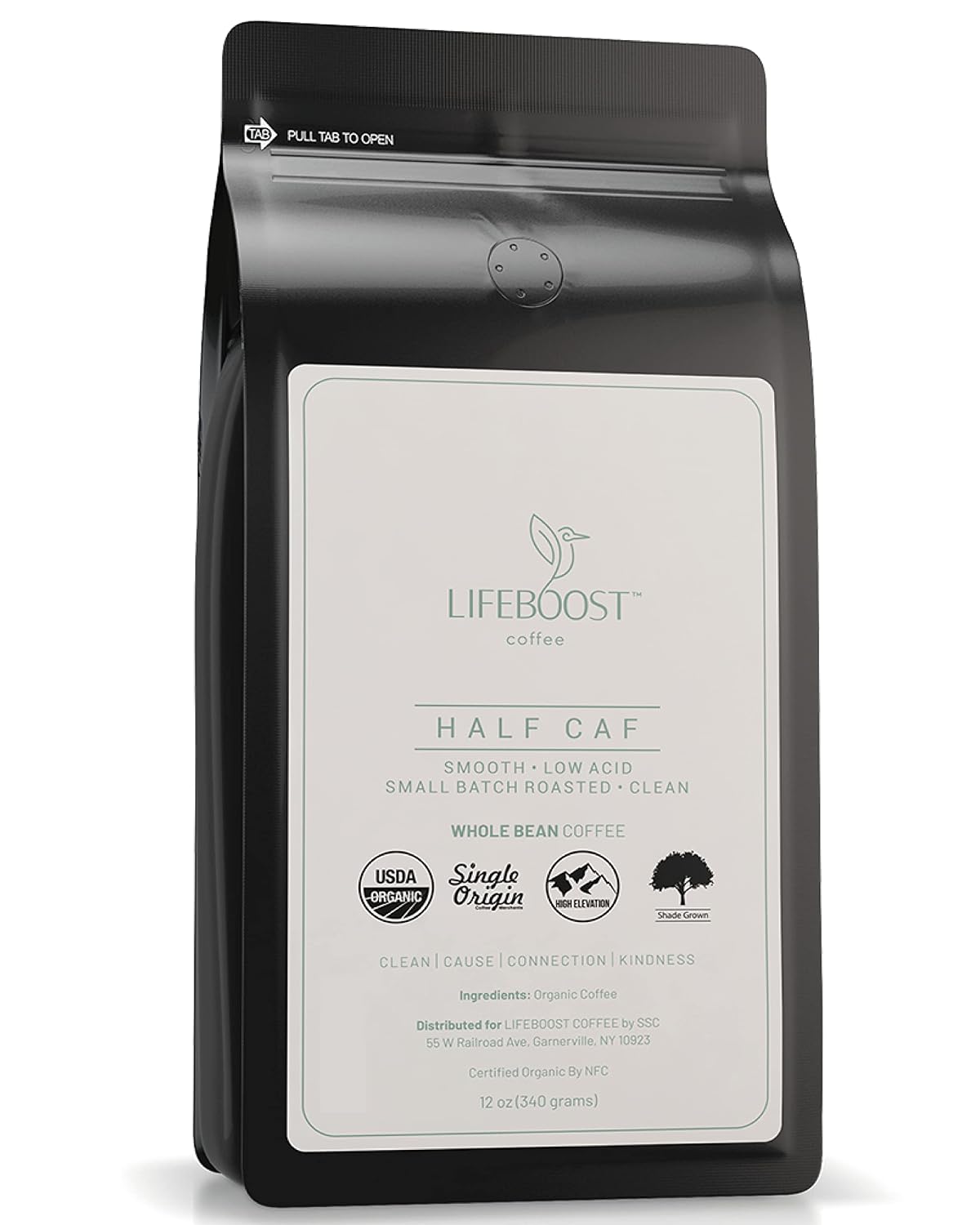 Lifeboost Half Caff Medium Roast Whole Bean Coffee - Low Acid Organic Coffee, Non-GMO, USDA Organic, Single Origin, Third-Party Tested for Mycotoxins &amp; Pesticides - 12 oz Bag