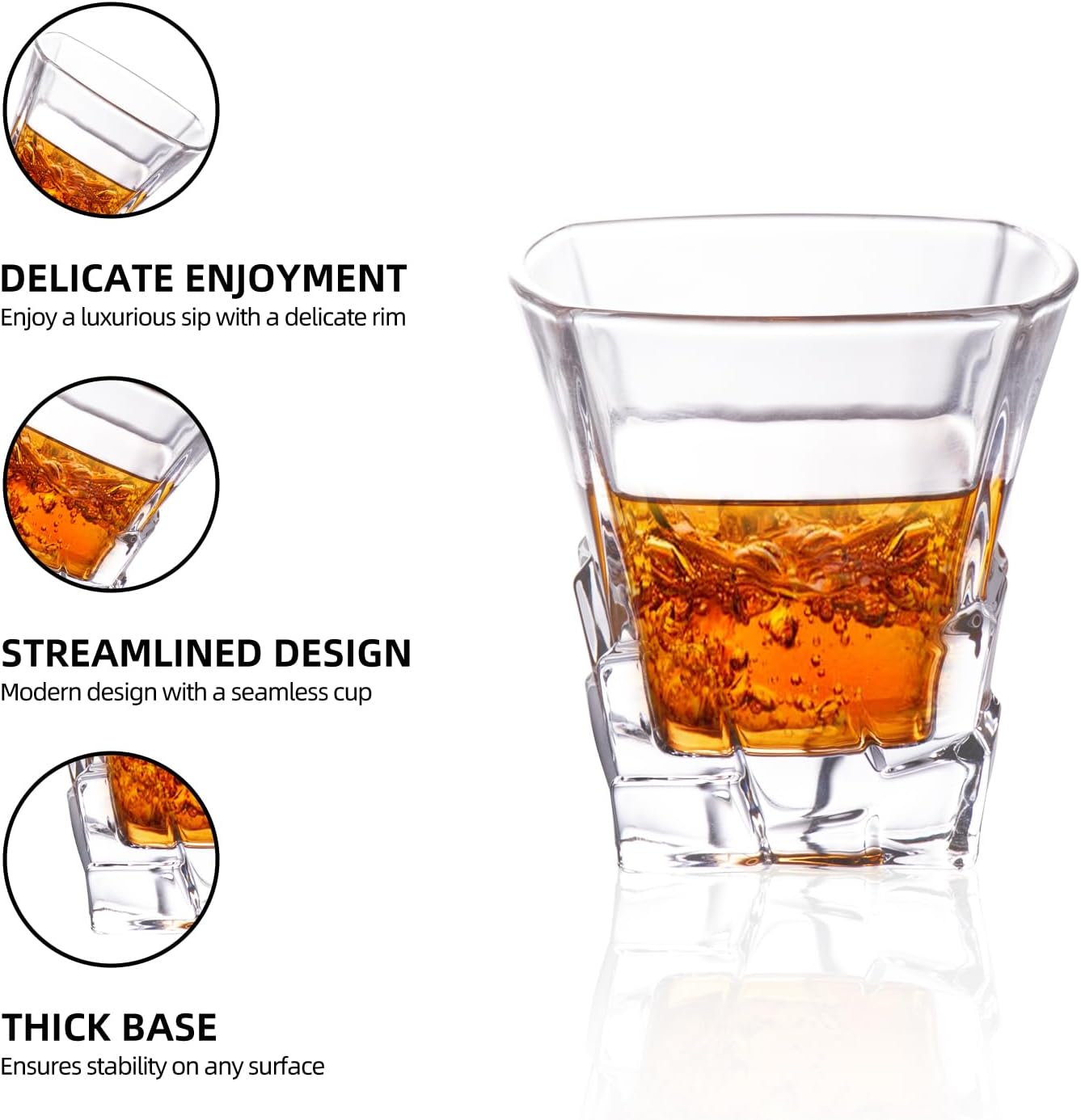 KAMMAK 330ml Ice Cube Whiskey Glass, Square - Shaped Crystal Clear Heavy - Base Tumbler for Bourbon, Scotch, Cocktails - Ideal for Home Bars and Gifting